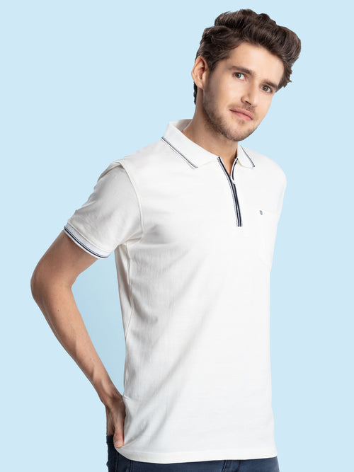 White Knit Zipper Tipping Polo T Shirt