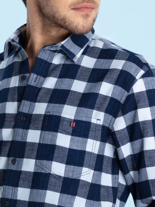 Indigo Blue Checkered Structured Casual Shirt