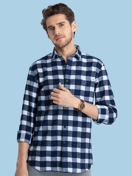 Indigo Blue Checkered Structured Casual Shirt