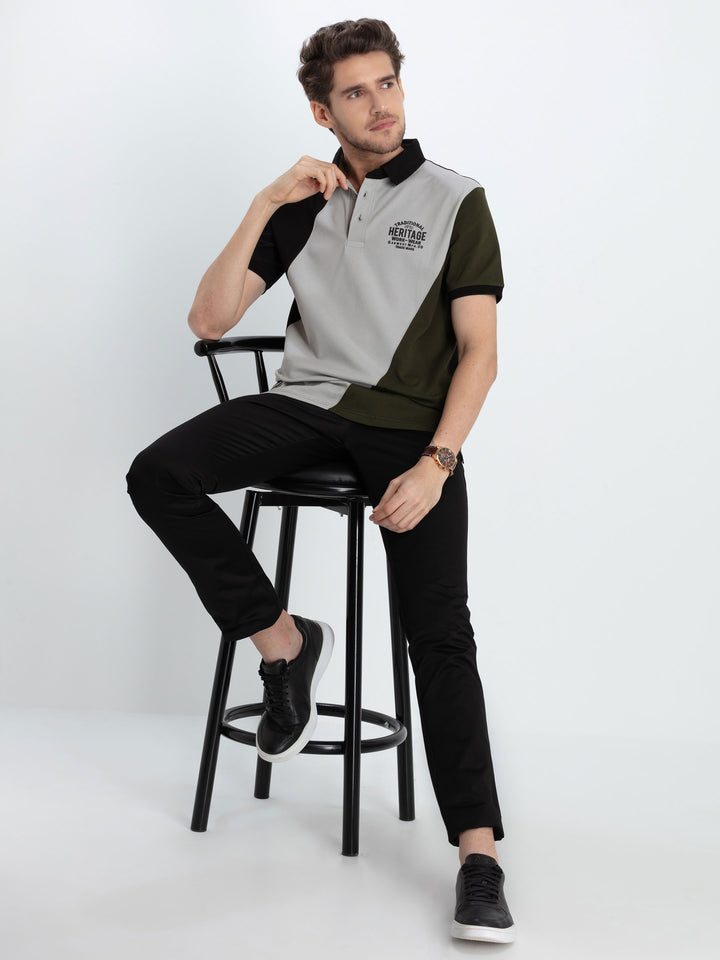 Olive Tricolor Panalled Polo T Shirt