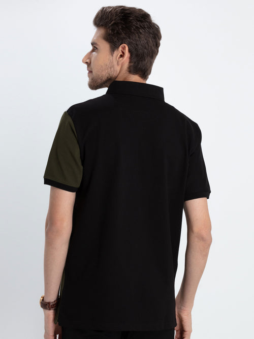 Olive Tricolor Panalled Polo T Shirt