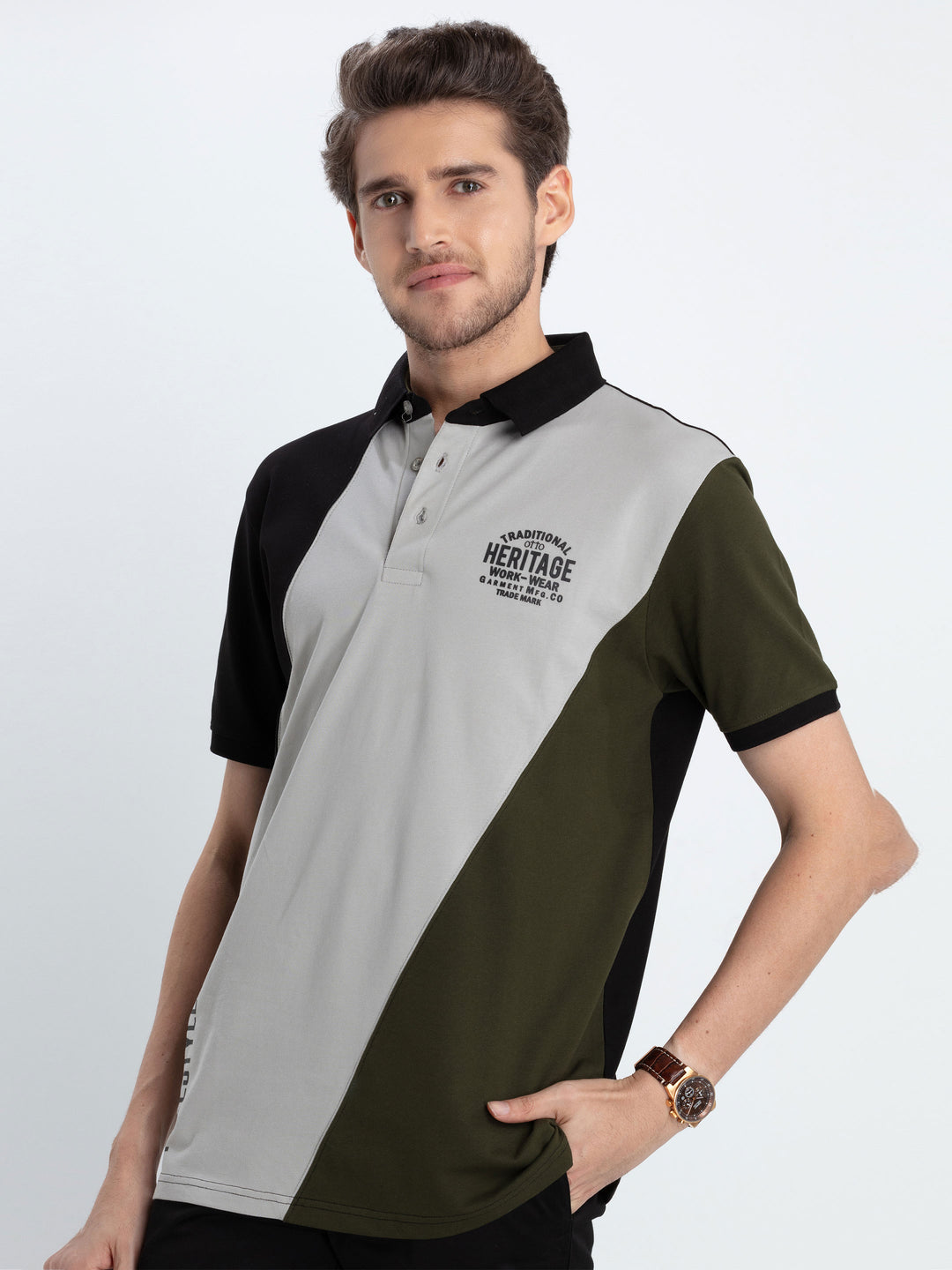 Olive Tricolor Panalled Polo T Shirt