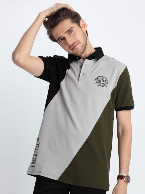 Olive Tricolor Panalled Polo T Shirt