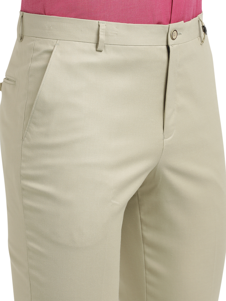 Beige Twill Stretch Formal Trousers