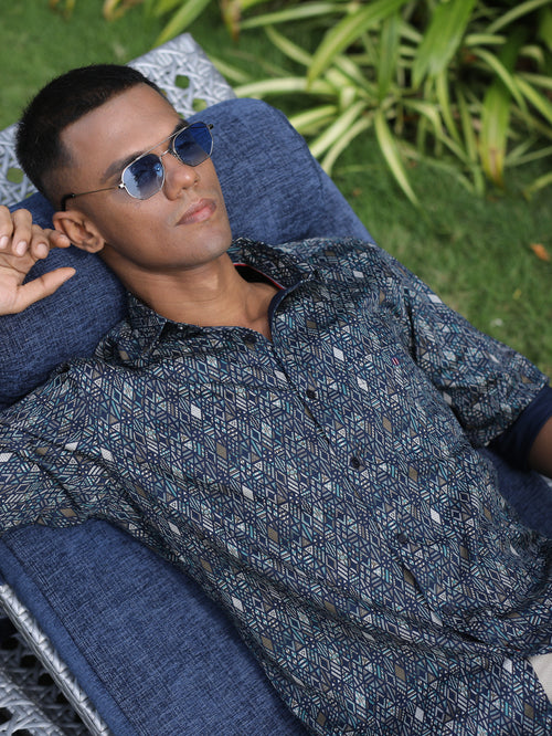 Navy Printed Smart Casual Shirt