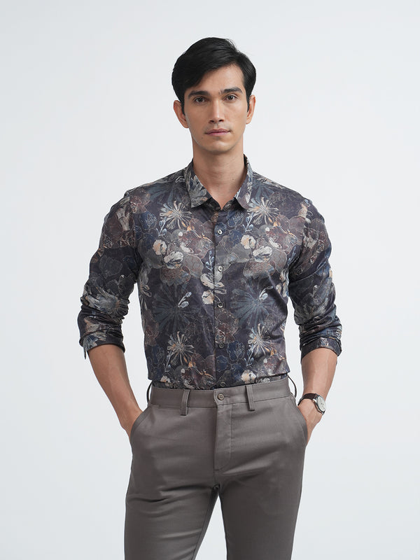 Umber Brown Abstract Floral Printed Shirt