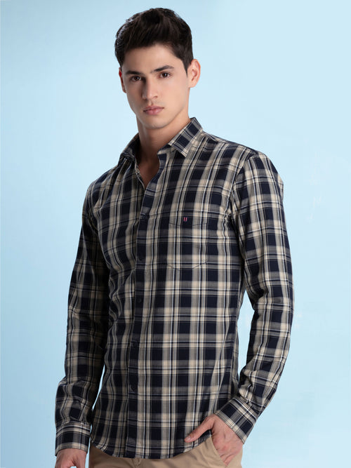 Navy Blue Checkered Casual Shirt