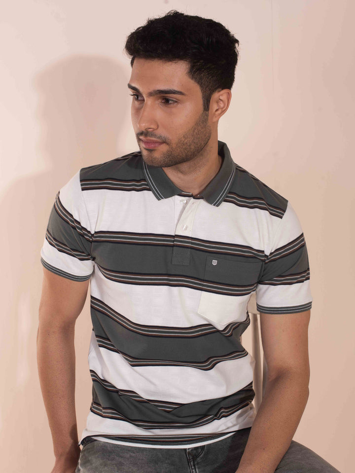 Sage Vintage Stripes Self Structured Polo T Shirt