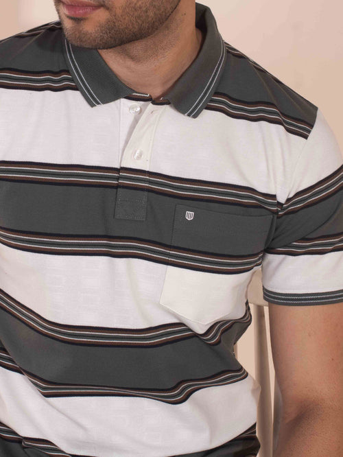 Sage Vintage Stripes Self Structured Polo T Shirt