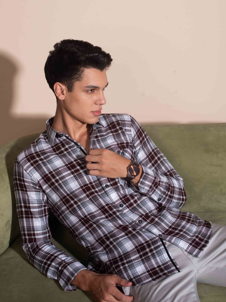 Maroon Dobby Checkered Semi Casual Cotton Shirt