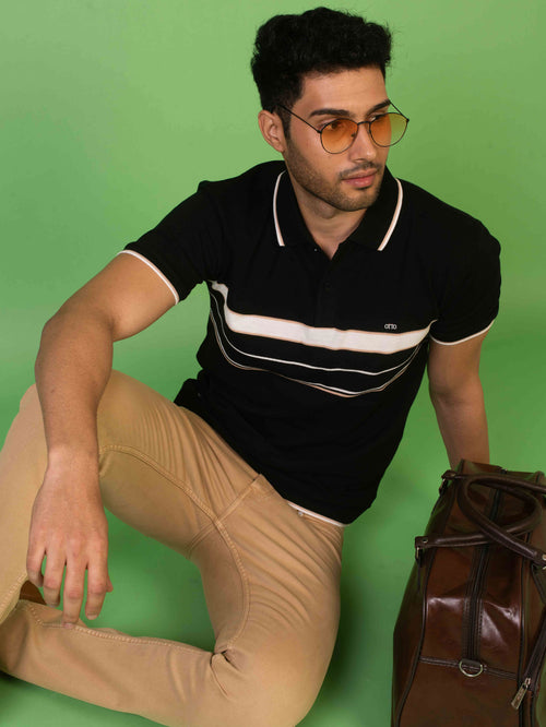 Black Stripes with Rib Hem Polo T Shirt