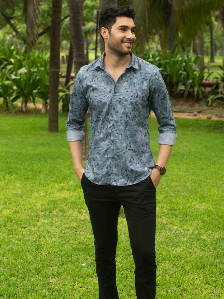 Blue Printed Smart Casual Shirt