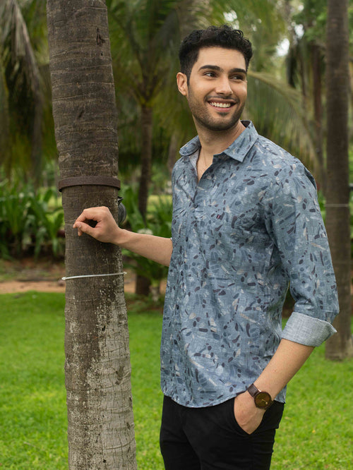 Blue Printed Smart Casual Shirt