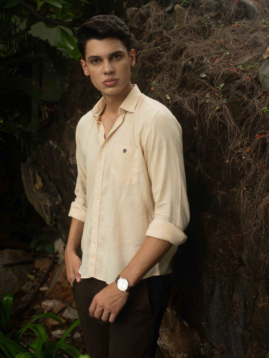 Beige Plain Smart Causal Shirt