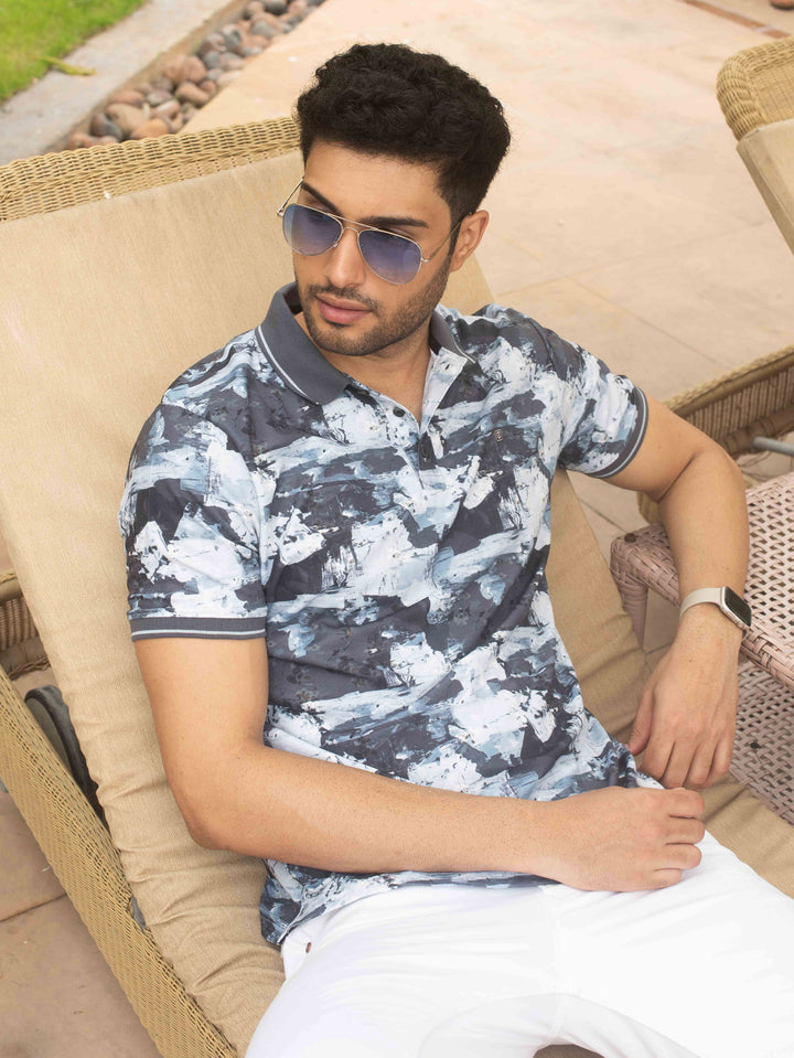 Dark Grey Digital Printed Self Structured Polo T Shirt