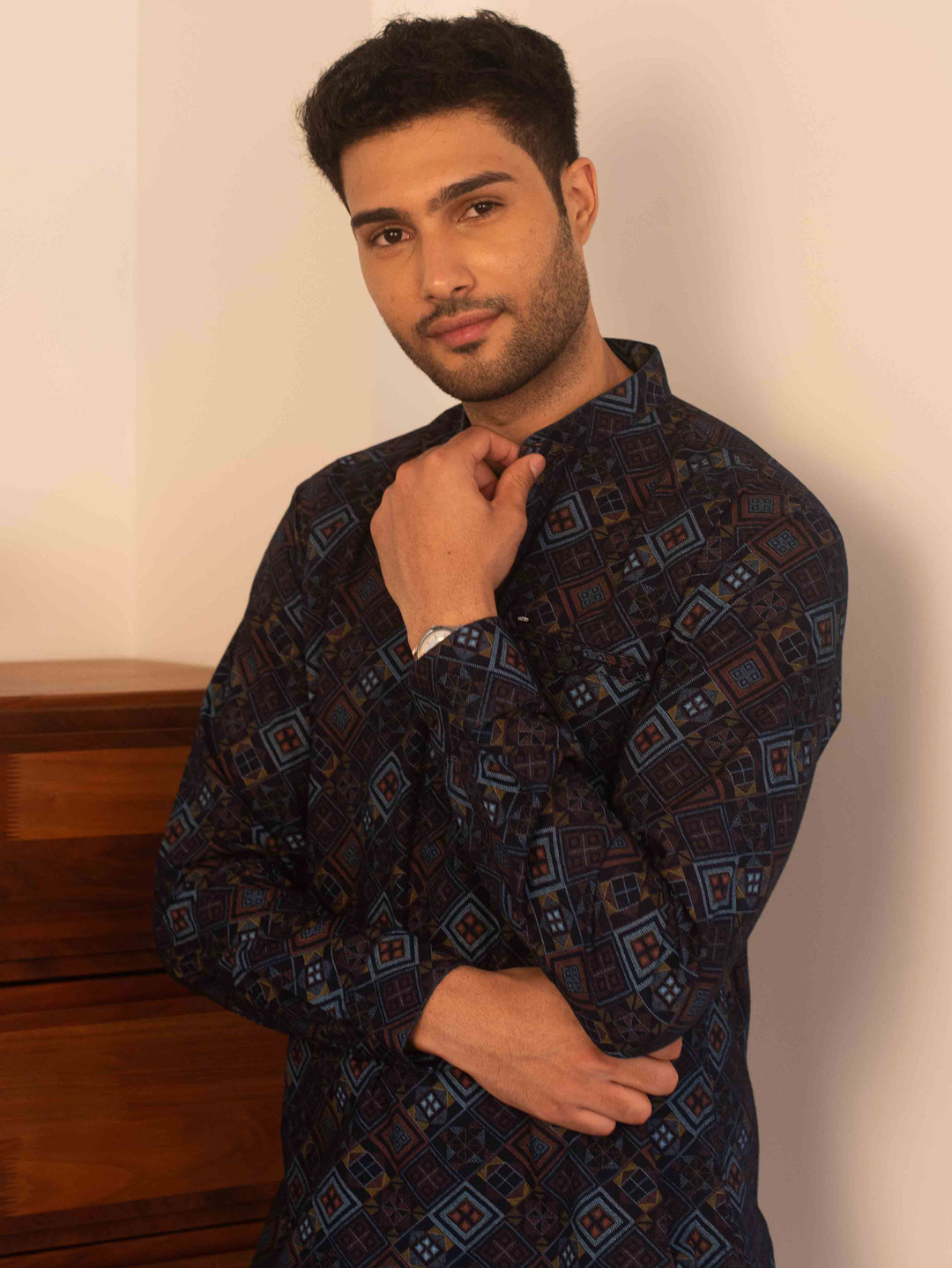 Indigo Geometric Printed Casual Kurtha Shirt