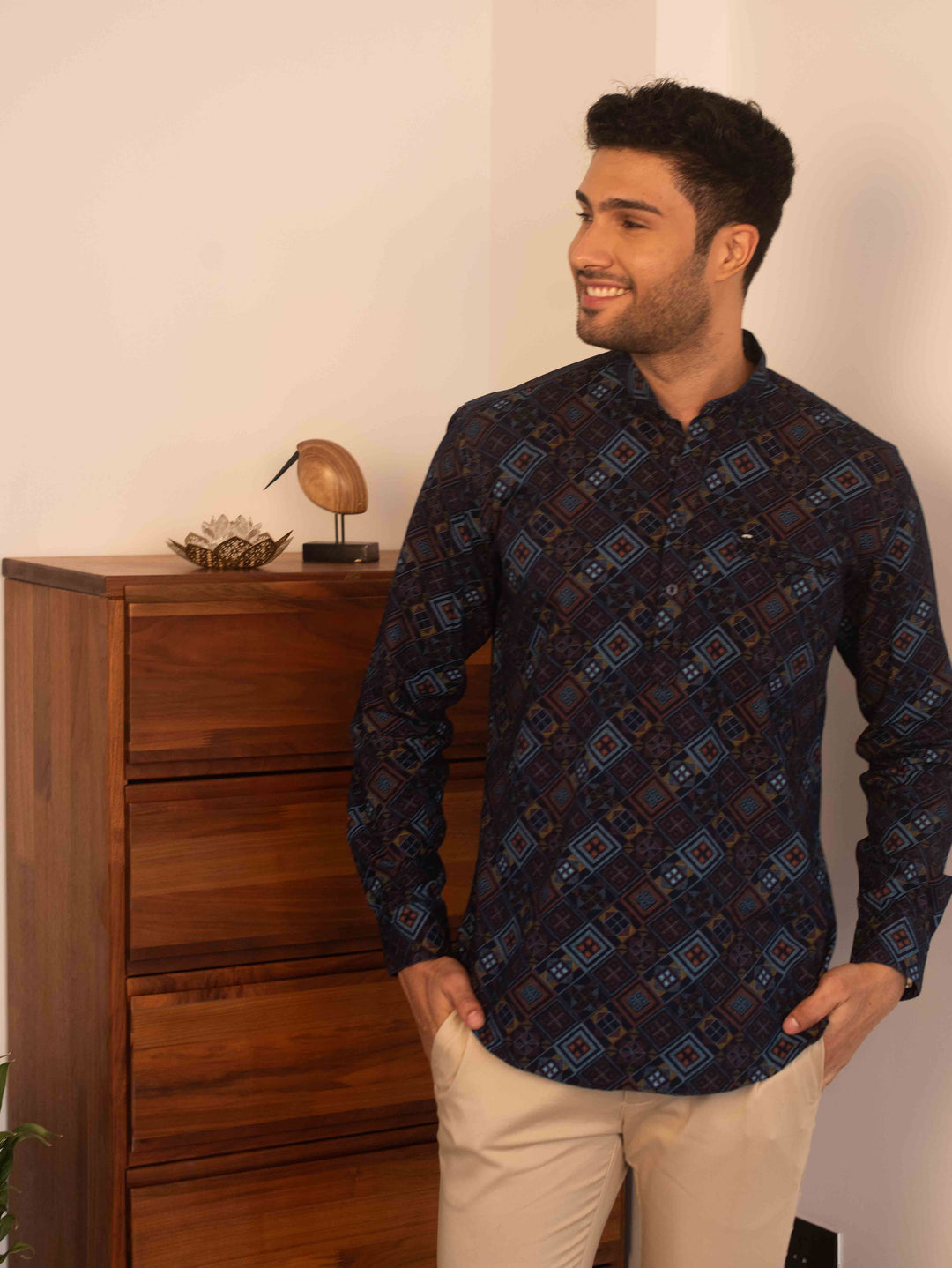 Indigo Geometric Printed Casual Kurtha Shirt