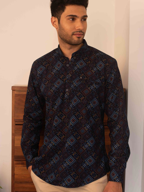 Indigo Geometric Printed Casual Kurtha Shirt