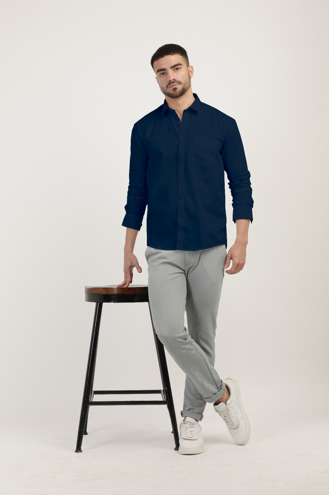 Navy Linen Blend Solid Shirt