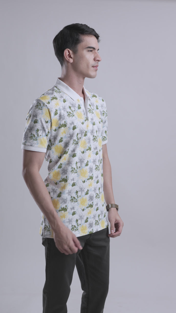 White Floral Printed Polo T Shirt