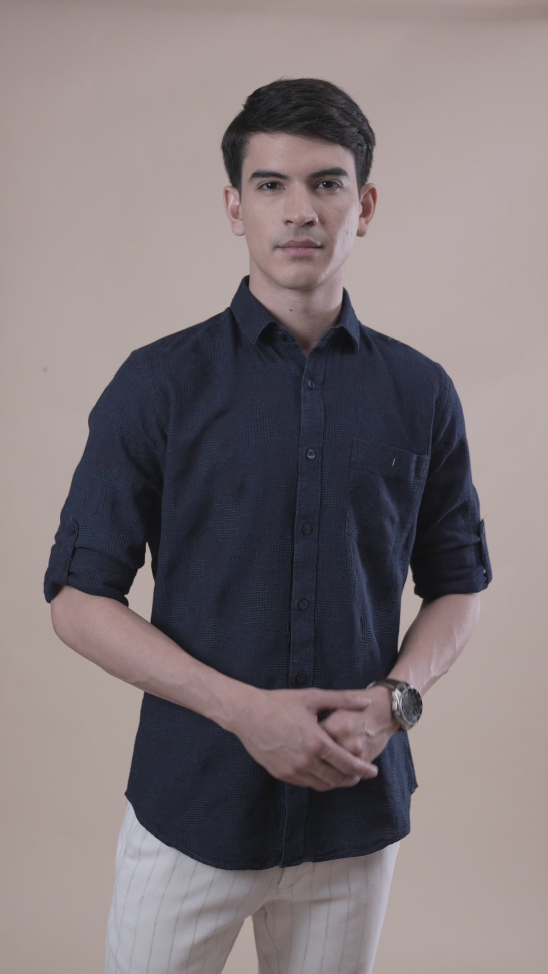 Navy Jacquard Self Design Indigo Solid Shirt