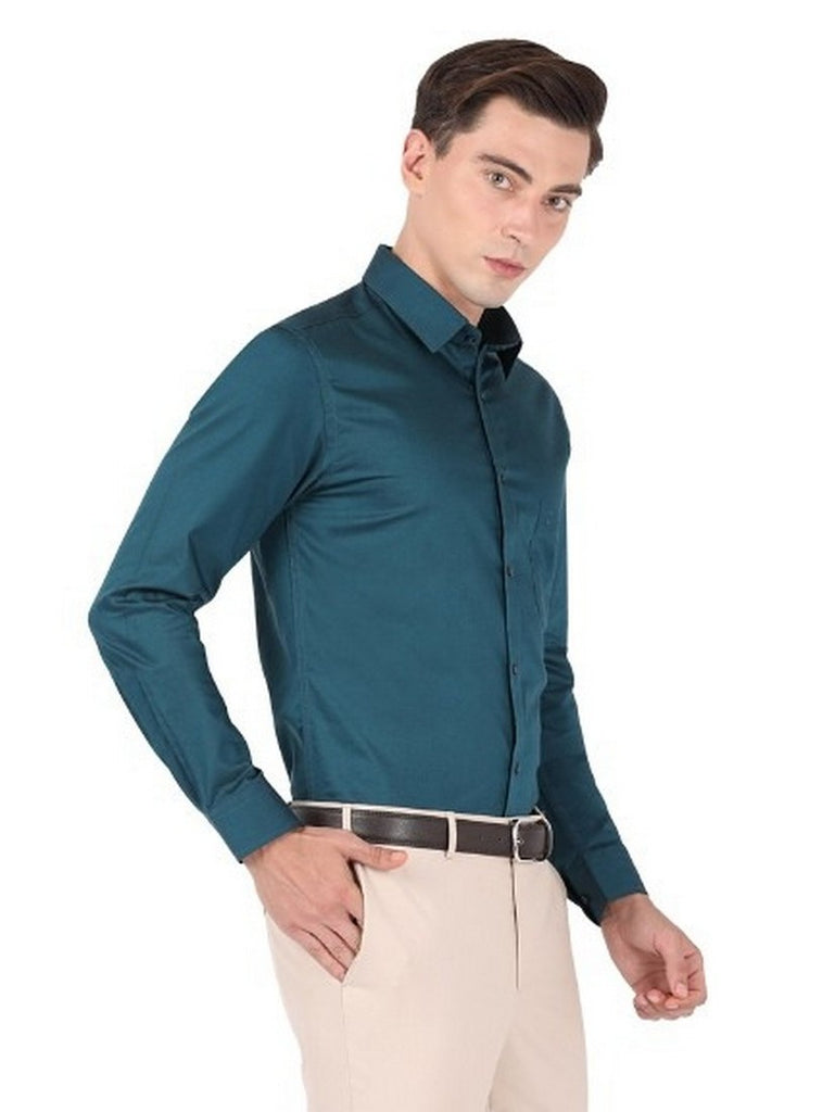 Otto peacock green solid design full-sleeve & patch pocket cotton trim-fit  casual shirt